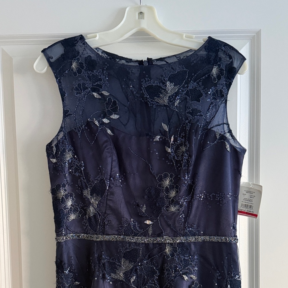Navy Blue Floral Embellished Overlay Mother-of-the-Bride Dress